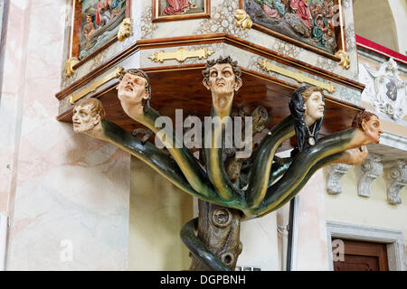 Pulpito di i sette peccati capitali, Chiesa parrocchiale di Reichenthal, regione Muehlviertel, Austria superiore, Austria, Europa Foto Stock