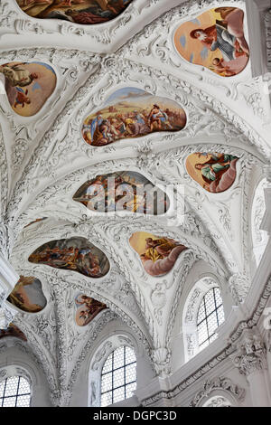 Stucchi e affreschi in grado di deambulare, chiesa collegiata Baumgartenberg Mariae assunta, regione Muehlviertel, Austria superiore Foto Stock