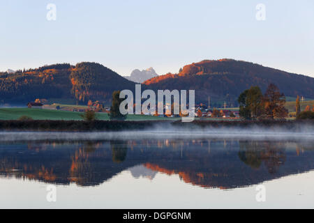 Autunno mattina al laghetto Huttlerweiher, Rosshaupten, Ostallgaeu, Allgaeu, Svevia, Bavaria Foto Stock