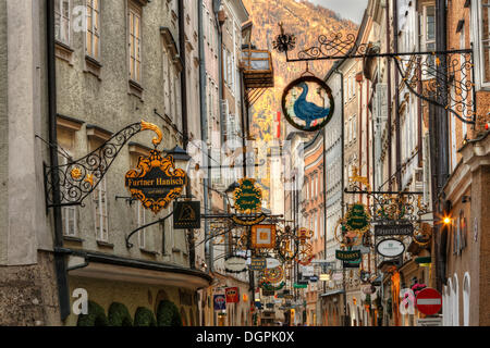 Guild segni, 'Getreidegasse' alley, luce della sera, il centro storico di Salisburgo, Stato di Salisburgo, Austria Foto Stock