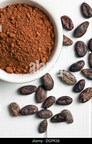 Vista superiore della polvere di cacao e le fave di cacao Foto Stock