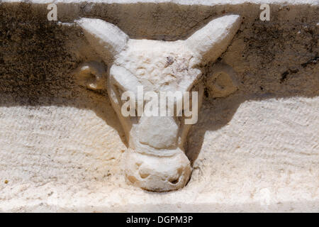 Rilievo di una vacca di testa su un sarcofago, Aphrodisias, Aydin provincia, regione del Mar Egeo, Turchia Foto Stock