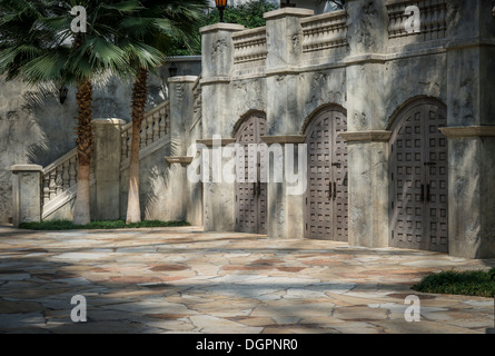 Porte e muro di pietra in stile mediterraneo cortile Foto Stock