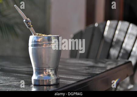 Mate, argentine bevanda nazionale, con bombilla e metallo tubo potabile con succhieruola, argentina, SUD AMERICA Foto Stock