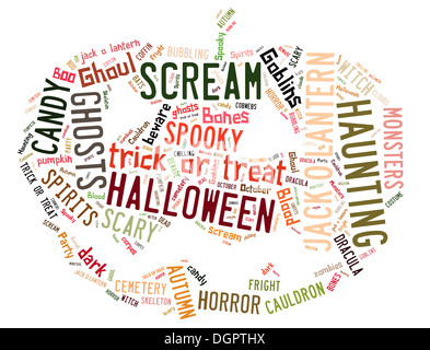Parola di Cloud che mostra le parole che si occupano di Halloween a forma di jack-o-lantern su sfondo bianco Foto Stock