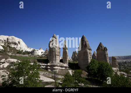 Camini di Fata formazioni rocciose in Cappadocia. La Turchia, Goreme. Foto Stock