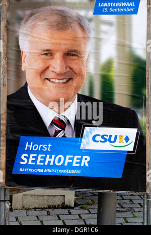 Poster pubblicitari CSU per il primo ministro bavarese Horst Seehofer per le elezioni statali in Baviera su 15.09.2013. Foto Stock