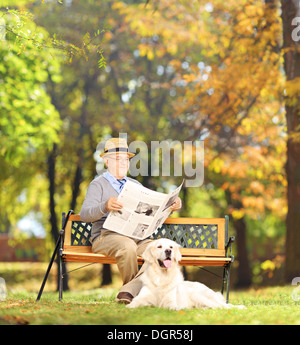 Senior uomo seduto su una panca in legno leggendo un giornale con il suo cane in un parco Foto Stock