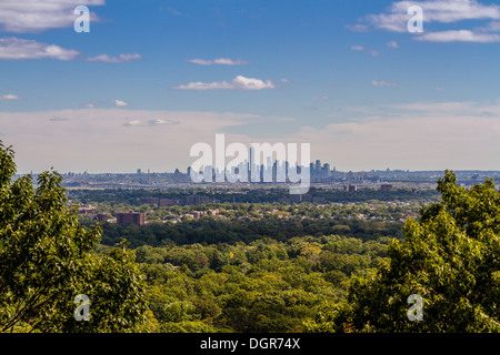 Vista su Manhattan inferiore dalla distanza, guardando come un'isola nelle foreste del New Jersey Foto Stock