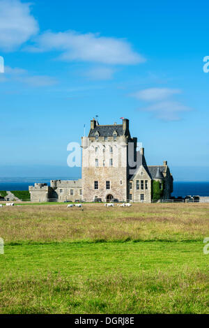 Torre Ackergill vicino a stoppino, un castello del XV secolo, sulla costa del Mare del Nord, di Caithness County, Scotland, Regno Unito Foto Stock