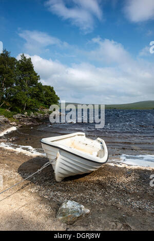 Bianco barca di pesca sulle sponde del Loch Naver, Contea di Sutherland, Scotland, Regno Unito, Europa Foto Stock