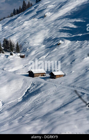 Solitario, snowy farm in montagna, Pankrazberg, Zillertal in Tirolo, Austria, Europa Foto Stock