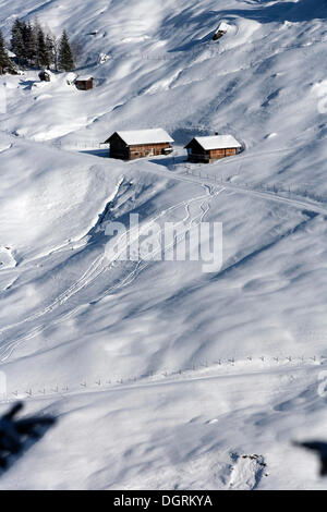 Solitario, snowy farm in montagna, Pankrazberg, Zillertal in Tirolo, Austria, Europa Foto Stock