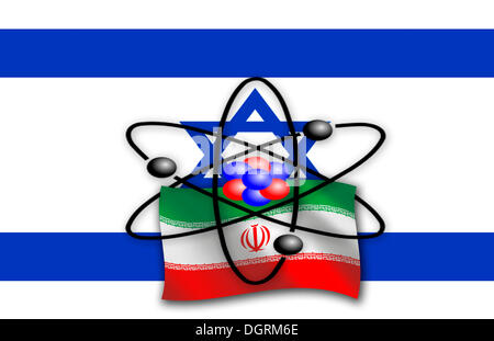 Immagine simbolica, nucleare controversia tra l'Iran, Israele e le Nazioni Unite, la comunità internazionale, illustrazione Foto Stock