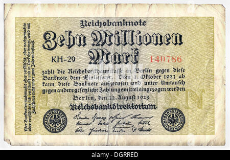 Vecchia banconota, anteriore, Reichsbanknote, 10, 000, 000 mark, Reichsbankhauptkasse, Reichsbankdirektorium, circa 1923 Foto Stock