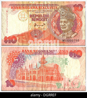 Banconota storico, anteriore e posteriore, 10 ringgit, Malaysia, Bank Negara Malaysia Foto Stock