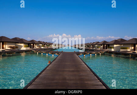 Jetty, acqua bungalows su Paradise Island, Lankanfinolhu, North Malè Atoll, Maldive Foto Stock