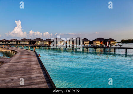 Jetty, acqua bungalows su Paradise Island, Lankanfinolhu, North Malè Atoll, Maldive Foto Stock