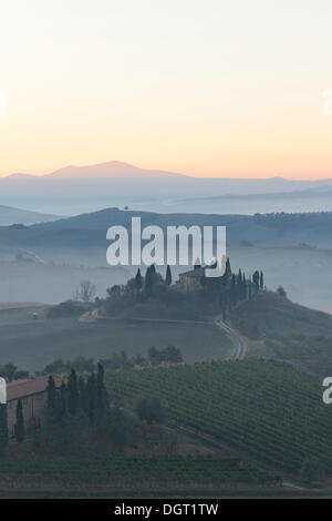 Atmosfera mattutina, vista verso il Podere Belvedere di San Qurico d'Orcia, dichiarato patrimonio culturale mondiale dall'UNESCO, Regione Toscana Foto Stock