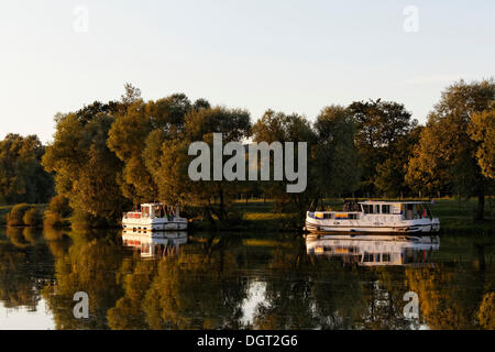 Di sera, houseboats sul Saône, una tranquilla tributario, nel porto di Marian Saône Valley, Traves, Vesoul Foto Stock