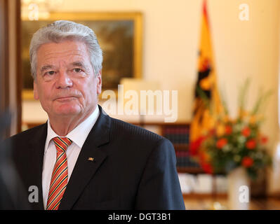 Berlino, Germania. 25 ott 2013. Il Presidente tedesco Joachim Gauck dà una dichiarazione sull'NSA scandalo spionaggio presso il palazzo Bellevue a Berlino, Germania, 25 ottobre 2013. Foto: WOLFGANG KUMM/dpa/Alamy Live News Foto Stock
