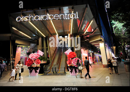 Ingresso con scale mobili, Orchard Central Shopping Centre, Orchard Road di notte, architettura moderna, zona centrale Foto Stock