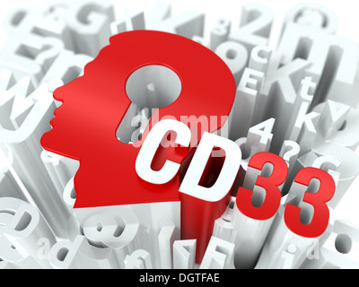 CD33 e testa su sfondo alfabeto. Foto Stock