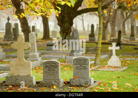 Gli oggetti contrassegnati per la rimozione definitiva in Ross Bay cimitero in autunno-Victoria, British Columbia, Canada Foto Stock