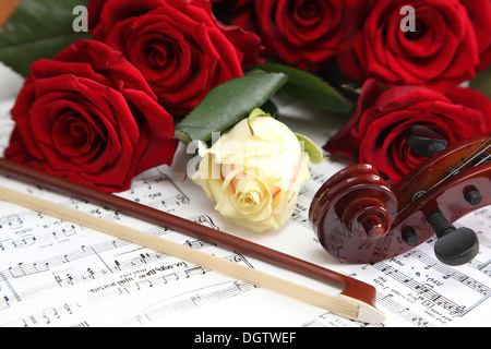 Rosso e rose bianche su un foglio con delle note Foto Stock