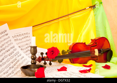 Viola con rose rosse sul foglio di notes Foto Stock