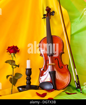 Viola con rose rosse sul foglio di notes Foto Stock