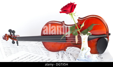 Viola con rose rosse sul foglio di notes Foto Stock