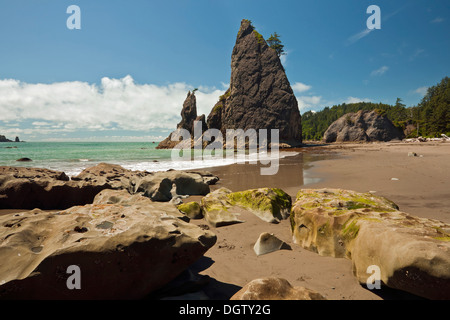 WASHINGTON - Rocce, seastacks e isole da Rialto Beach nel Parco Nazionale di Olympic. Foto Stock