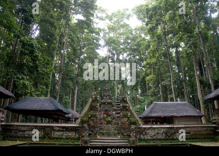 L Induismo di Bali, Tempio nel profondo della foresta, alti alberi di noce moscata, Monkey Forest Sangeh, Pura Bukit Sari tempio, Bali, Indonesia Foto Stock