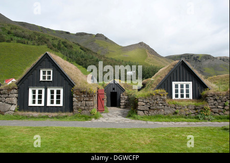 Vecchie case in legno con tetti di erba, Skógar open-air museum, l'Islanda, la Scandinavia, il nord Europa, Europa Foto Stock