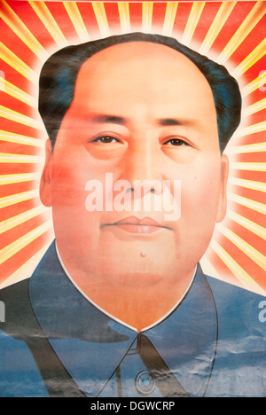 Ritratto di Mao Zedong, poster in Boun Neua, Phangsali o Provincia Phongsaly, Laos, Asia sud-orientale, Asia Foto Stock