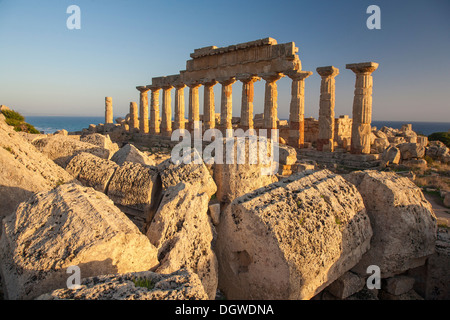 Greche e Romane e rovine di templi di Selinunte in Sicilia. File di colonne di pietra - alcuni in rovine con sezioni di colonne di pietra in primo piano. Foto Stock