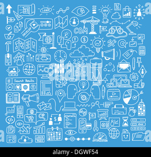 Disegnata a mano illustrazione set di icone della strategia aziendale, brainstorming e sviluppo del sito web doodle elementi Foto Stock
