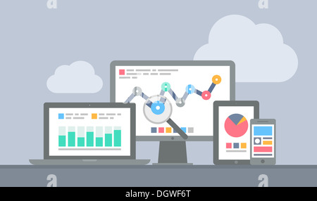 Design piatto illustrazione concetto di sito web analytics e di elaborazione di analisi di dati usando la moderna elettronica e dispositivi mobili Foto Stock