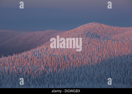 Valtavaara in inverno, vista dalla montagna Rukatunturi, Valtavaara-Pyhävaara Riserva Naturale, Kuusamo, Pohjois-Pohjanmaa Foto Stock