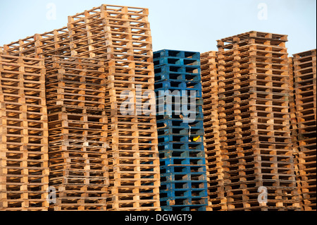 Un sacco di pallet in legno pile accatastate Foto Stock