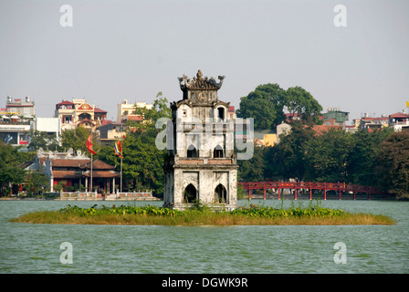 Thap Rua Turtle Tower, The-Huc rosso-Bridge, Ngoc Son Jade tempio di montagna, lago Hoan Kiem, città vecchia di Hanoi, Vietnam Foto Stock