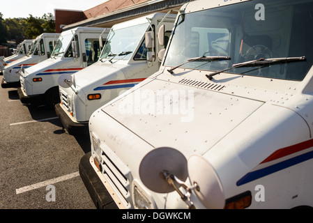 STATI UNITI -- Una fila ordinata di iconici camion bianchi del servizio postale degli Stati Uniti si trova parcheggiata fuori da un ufficio postale, con il logo distintivo dell'aquila blu chiaramente visibile. Questa scena cattura l'essenza della vasta rete di distribuzione dell'USPS, mostrando i veicoli che svolgono un ruolo cruciale nel collegare le comunità in tutta l'America attraverso il servizio postale. Foto Stock