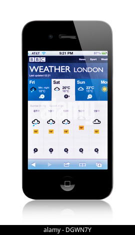 Lo schermo di iPhone mostra BBC Previsioni meteo Foto Stock