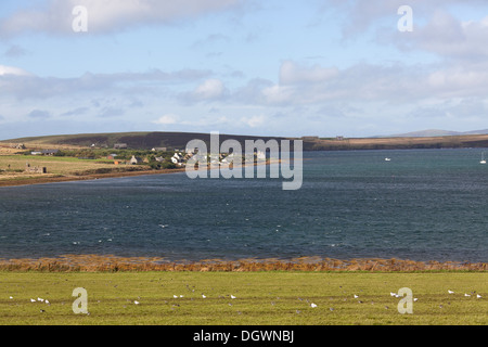 Isole di Orkney, Scozia. Una vista pittoresca del Widewall Bay con il villaggio di Herston al centro dell'immagine. Foto Stock