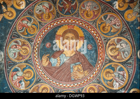 Gesù Cristo Pantocratore, finemente lavorato affresco nella cupola della Chiesa greco-ortodossa di Cipro, Panagia tis Asinou, Nikitari Foto Stock