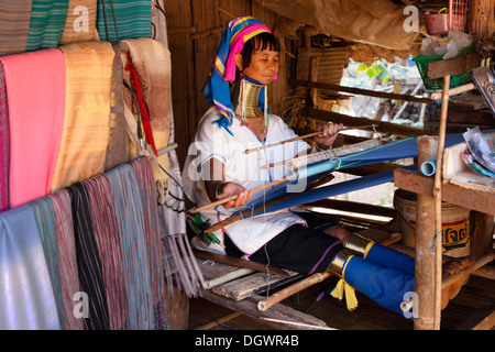 A collo lungo Padaung donna che indossa gli anelli dei collari tessitura di un capo di abbigliamento, montanari, Chiang Rai, Thailandia del Nord della Thailandia, Asia Foto Stock