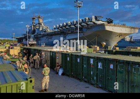 Stati Uniti Marines e velisti assegnati al 26 Marine Expeditionary Unit (MEU) in stand by per avere loro i contenitori di spedizione ispezionati da U.S. Gli agenti doganali durante la ventiseiesima MEU's lavi giù nella stazione navale di Rota, Spagna, Ottobre 19, 2013. Il ventiseiesimo MEU è un aria marina Foto Stock