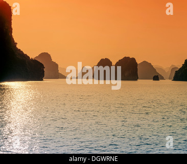 La Baia di Ha Long, Vinh Ha Long, rocce calcaree, Sito Patrimonio Mondiale dell'UNESCO, Golf von Tonkin, Halong, Nordvietnam, Vietnam Foto Stock