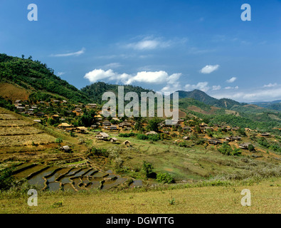 Villaggio Akha sul confine birmano in occidente di Chiang Rai, risaie, terrazze di riso, provincia di Chiang Rai Foto Stock